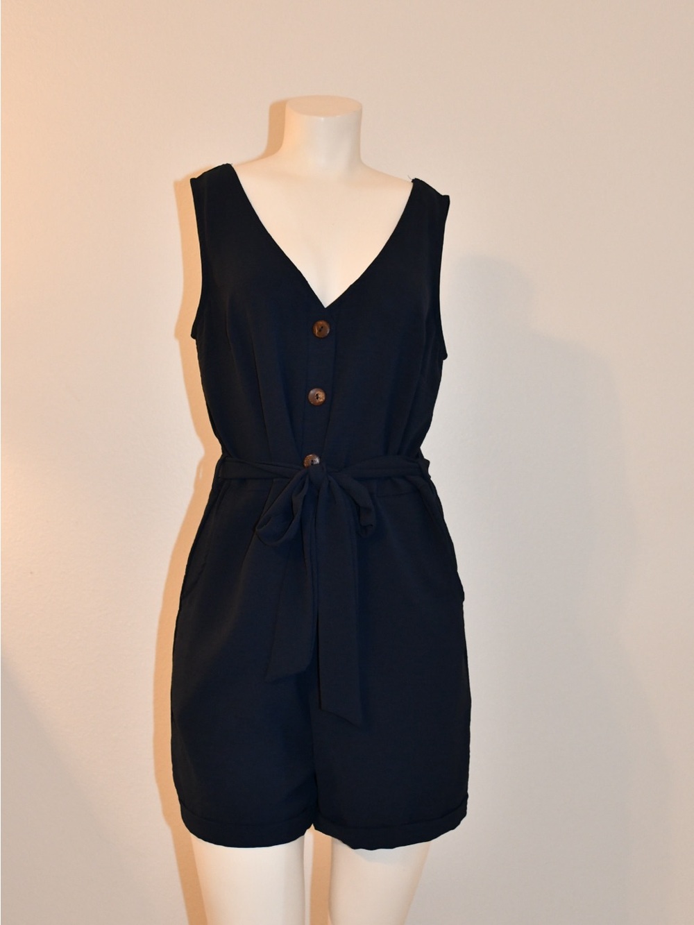 SHEIN Navy Sleeveless V-Neck Button Romper with Tie Waist